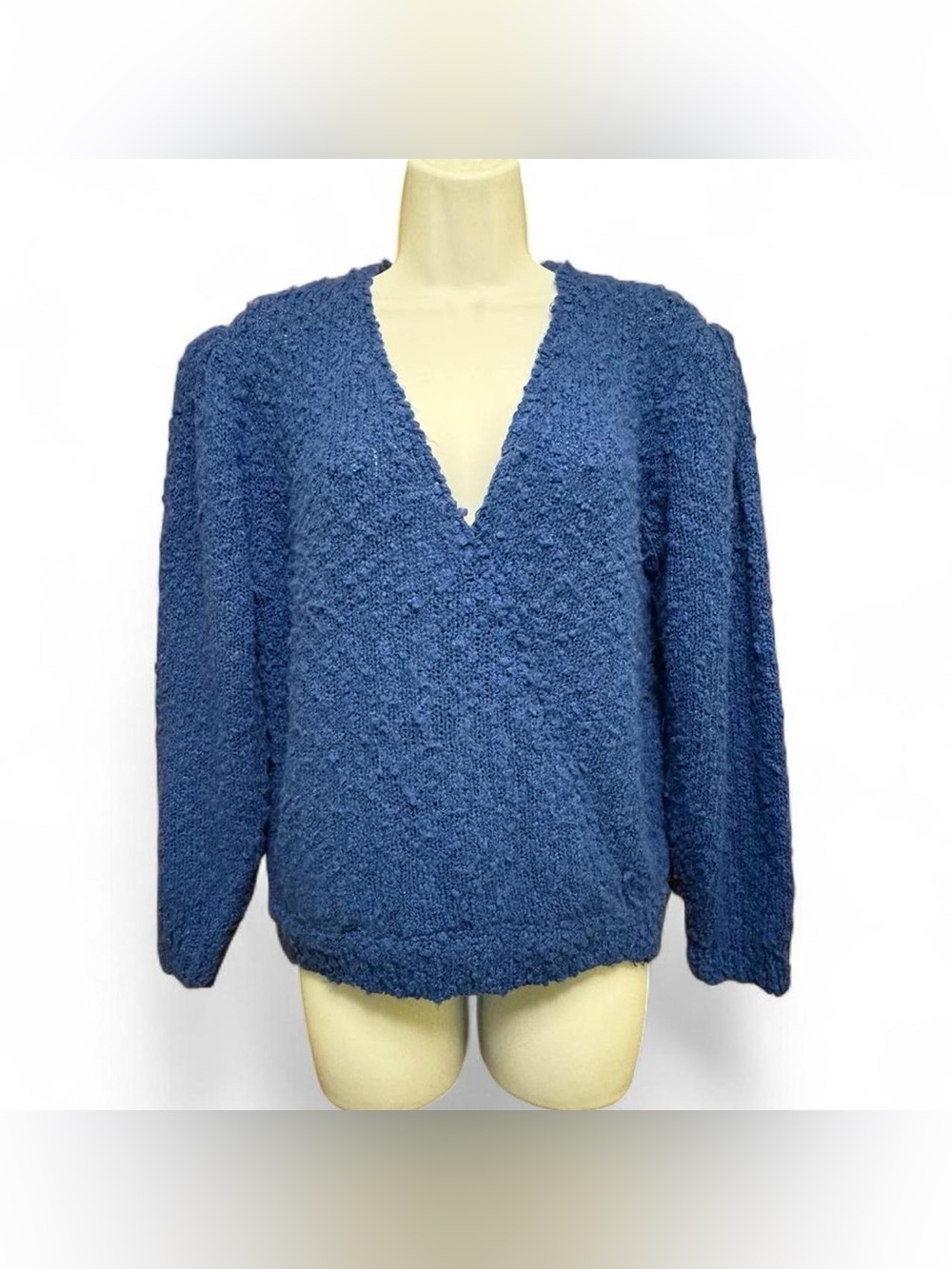 Vintage Royal Blue V-neck Sweater Large Puff Sleeve Textured Knit 80s 90s Retro